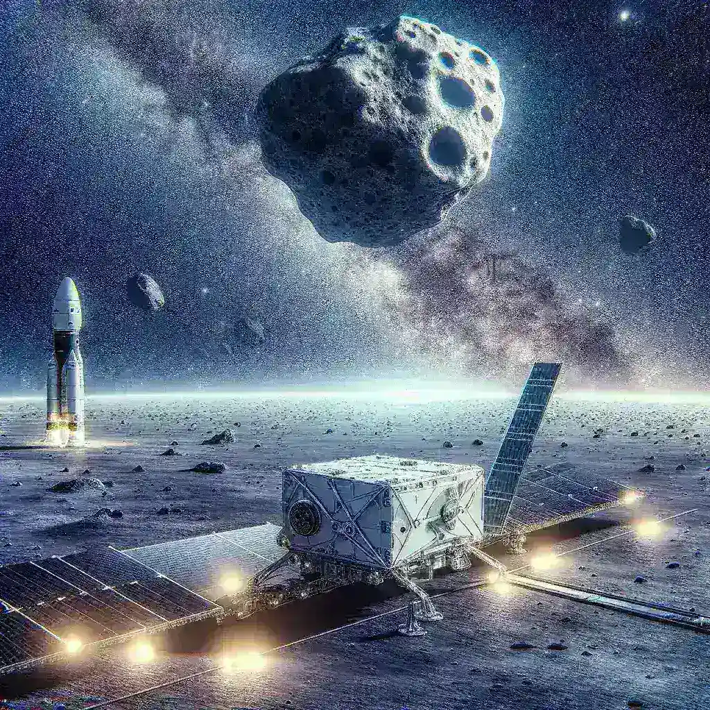 "Imagem da Agência Espacial Europeia (ESA) em preparação para sua missão inédita de captura de asteroide, destacando o projeto de tecnologia espacial avançada e os gráficos do asteroide-alvo."