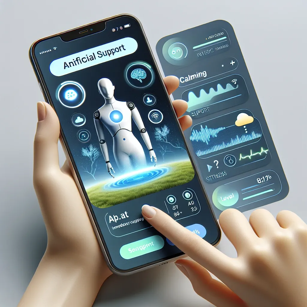 "Aplicativo de saúde mental com inteligência artificial, oferecendo suporte emergencial personalizado em um smartphone sobre uma mesa, ilustrando a tecnologia no cuidado da saúde mental."